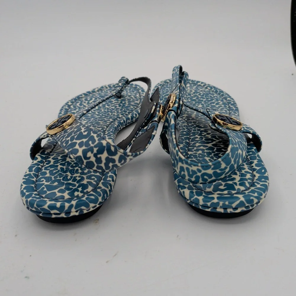 Tory Burch Minnie Travel Sandal Blue Leopard Print Leather Thong Slingback 8M